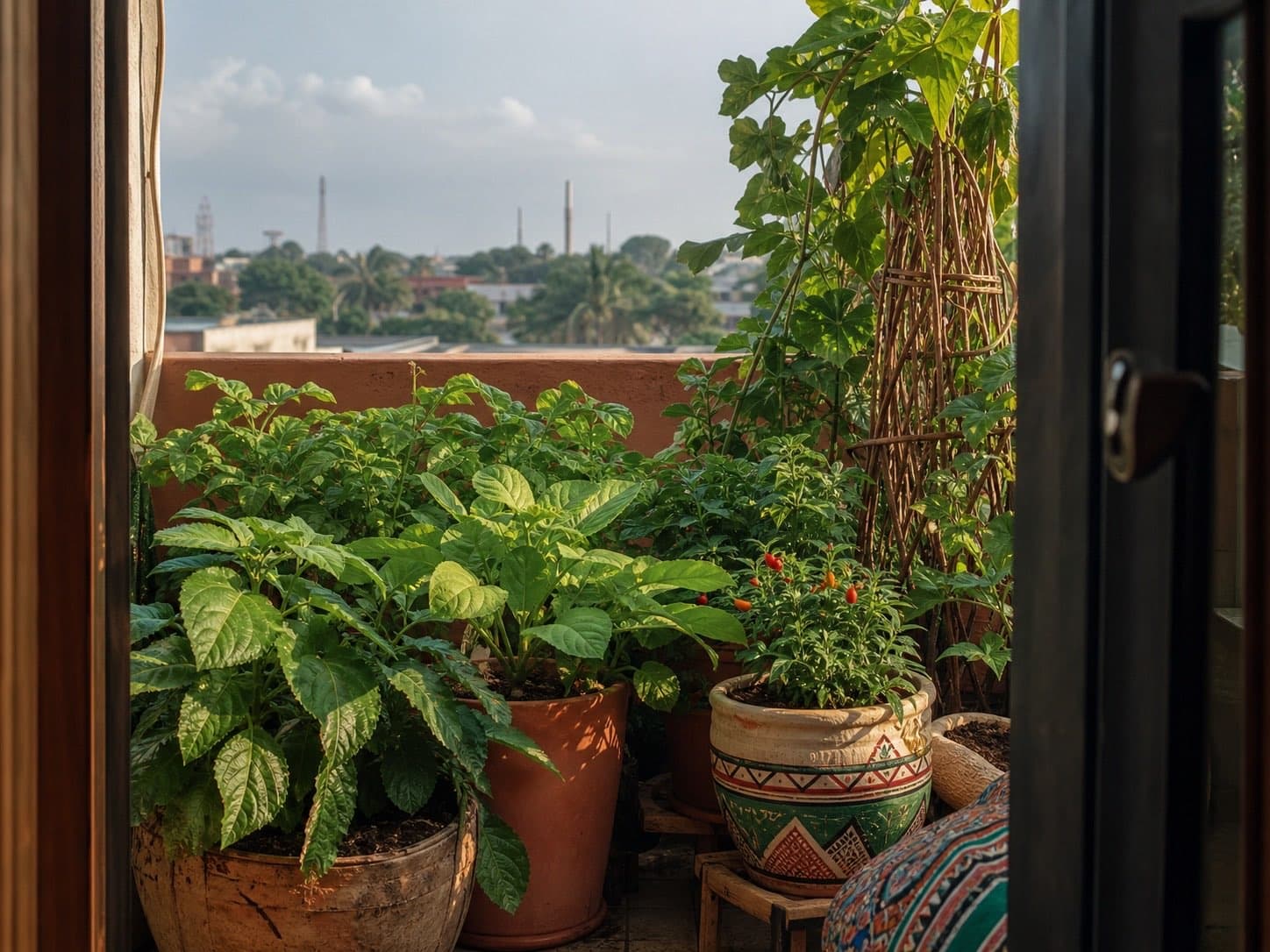 Illustrative concept of leafy greens growing in containers on a city balcony